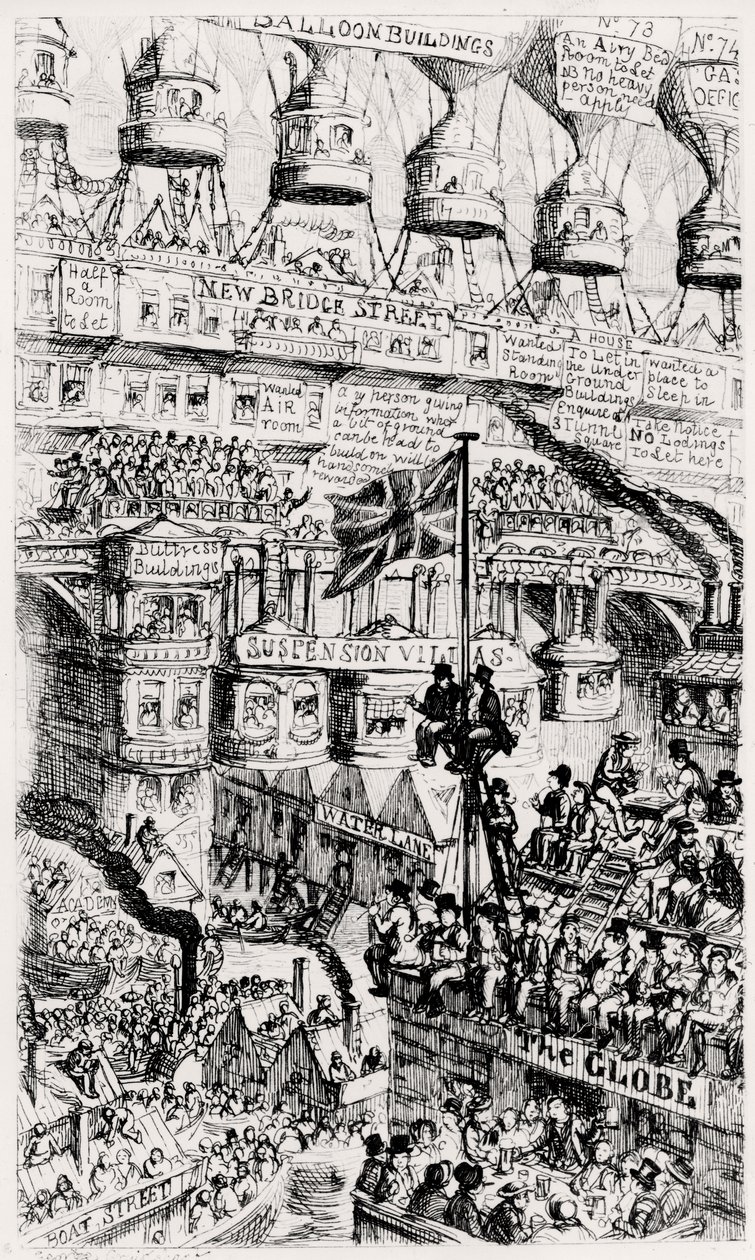 Maltuzjański pogląd na przeludniony Londyn w Anglii w przyszłości, po pismach Thomasa Malthusa autorstwa George Cruikshank
