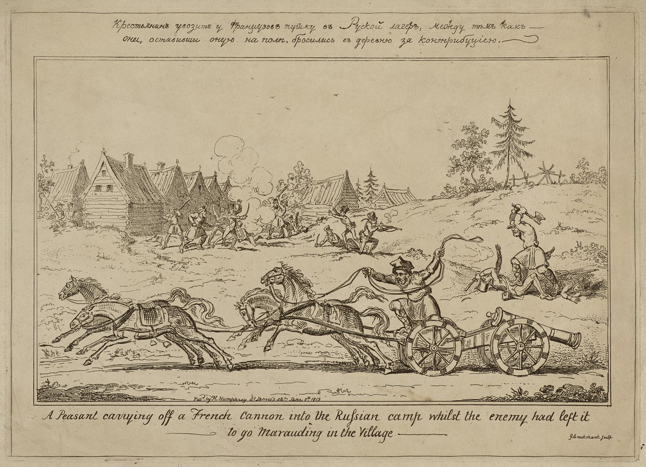 Chłop przenoszący francuską armatę do rosyjskiego obozu, podczas gdy nieprzyjaciel zostawił je, by iść na grabież w wiosce, opublikowana 8 czerwca 1813 r. autorstwa George Cruikshank