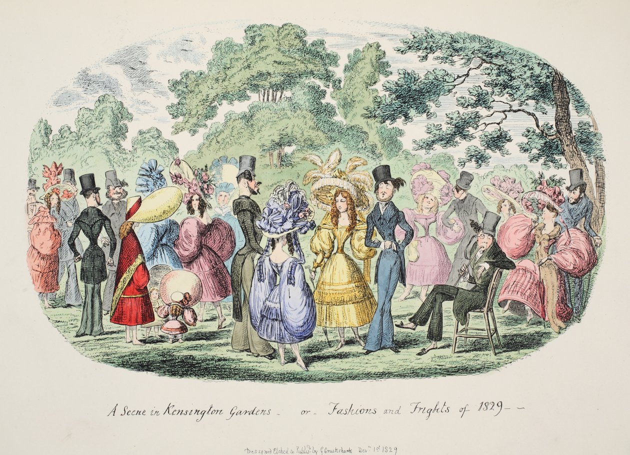 Scena w Kensington Gardens - lub - Moda i przerażenie z 1829, wyd. 1829 (grawerowanie ręcznie kolorowane) autorstwa George Cruikshank