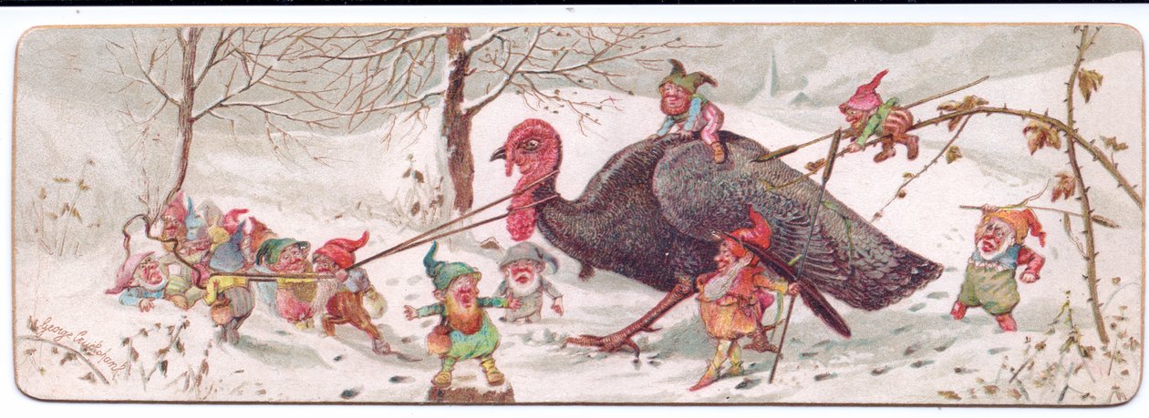 Wiktoriańska kartka świąteczna przedstawiająca grupę złośliwych elfów prowadzących schwytanego indyka, ok. 1895 (kolor lito) autorstwa George Cruikshank