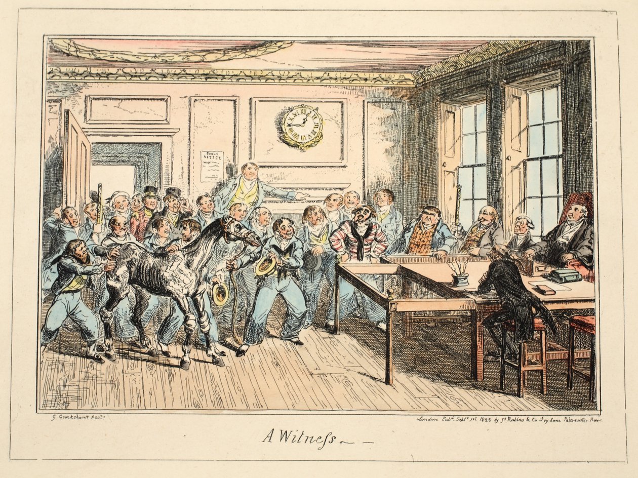 Świadek ze szpitala Greenwich, seria szkiców marynarki wojennej opisująca życie człowieka wojennego, wyd. 1825 (ręcznie kolorowane grawerowanie) autorstwa George Cruikshank