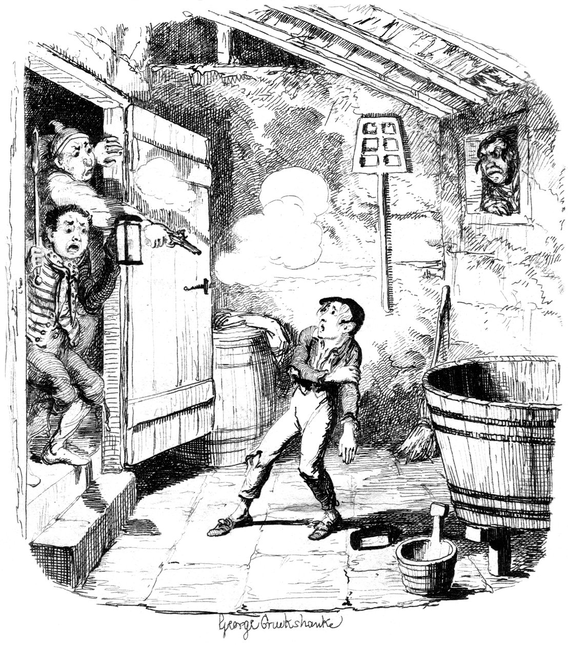 Mężczyzna strzela do młodego chłopca, którego podejrzewa o kradzież, XIX wiek. autorstwa George Cruikshank