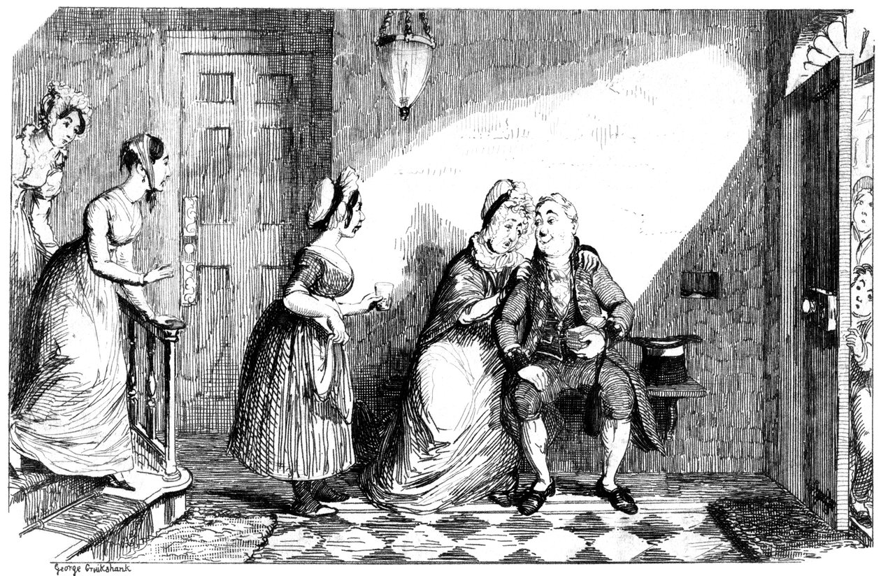 Szereg kobiet opiekuje się biednym mężczyzną, XIX wiek. autorstwa George Cruikshank