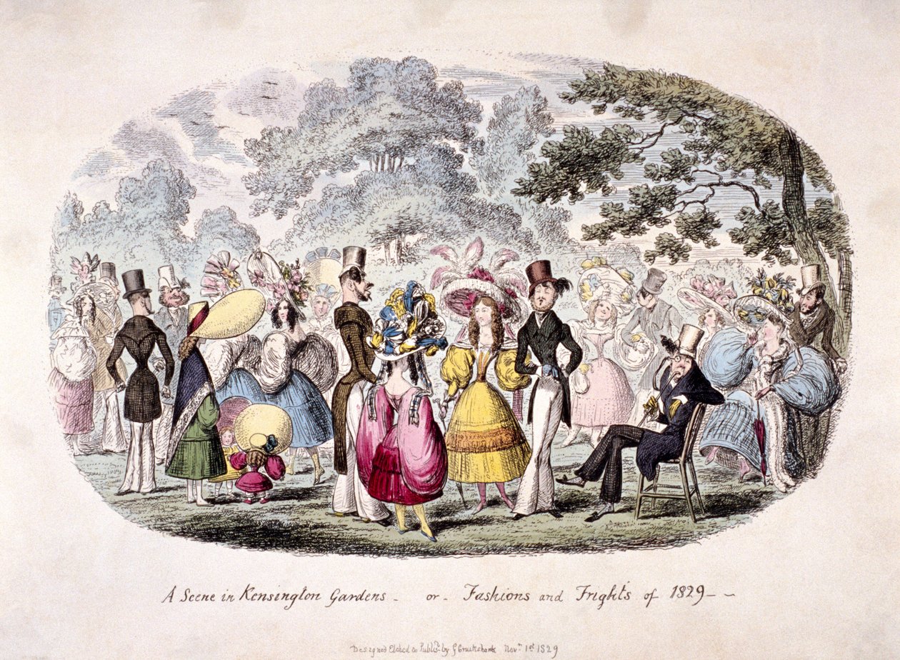 „Scena w Kensington Gardens – lub – moda i strachy z 1829 roku” autorstwa George Cruikshank
