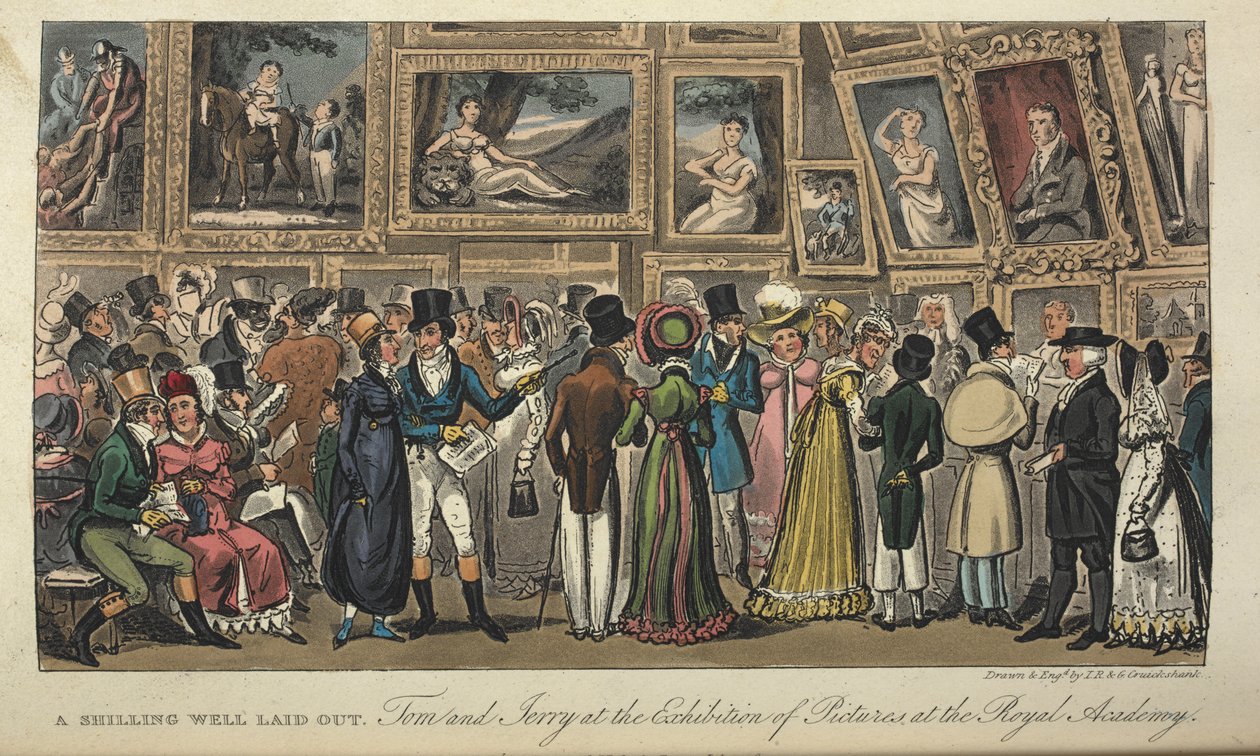 — Dobrze rozplanowany szyling. Tom i Jerry na wystawie obrazów w Royal Academy”, „Życie w Londynie itp.”, Pierce Egan autorstwa George Cruikshank