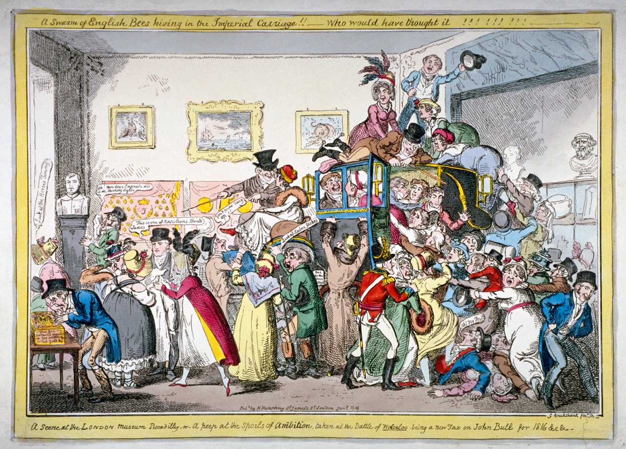 - Rój angielskich pszczół uli w cesarskim powozie!! scena w Muzeum Londyńskim”, 1816 autorstwa George Cruikshank