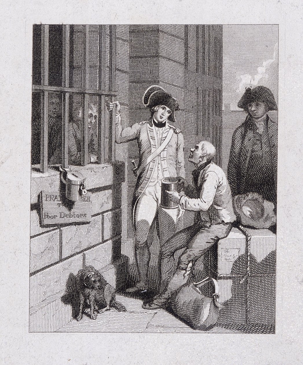 „Gwiżdżący sklep: Tom i Jerry odwiedzający Logic, na pokładzie Fleet”, Fleet Prison, Londyn, 1821 autorstwa George Cruikshank