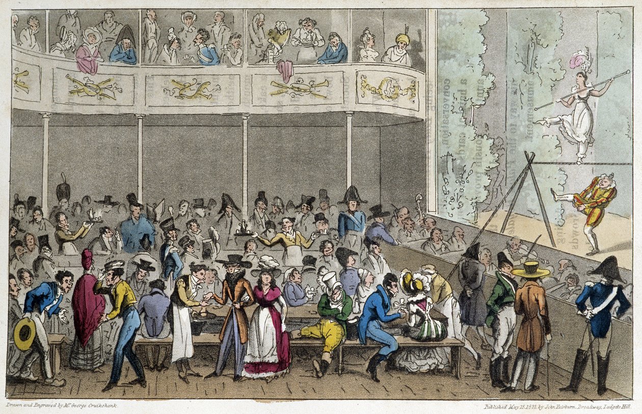 Pokaz akrobatyczny w Café de la Paix - w „Życiu w Paryżu” Davida Careya, Londyn autorstwa George Cruikshank