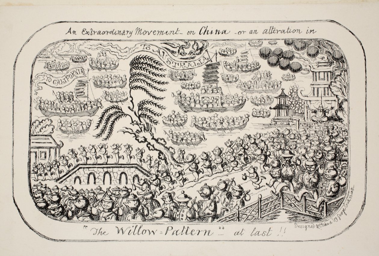 Nadzwyczajny ruch w Chinach - lub - wreszcie zmiana w The Willow Pattern!!, wyd. 1853 autorstwa George Cruikshank