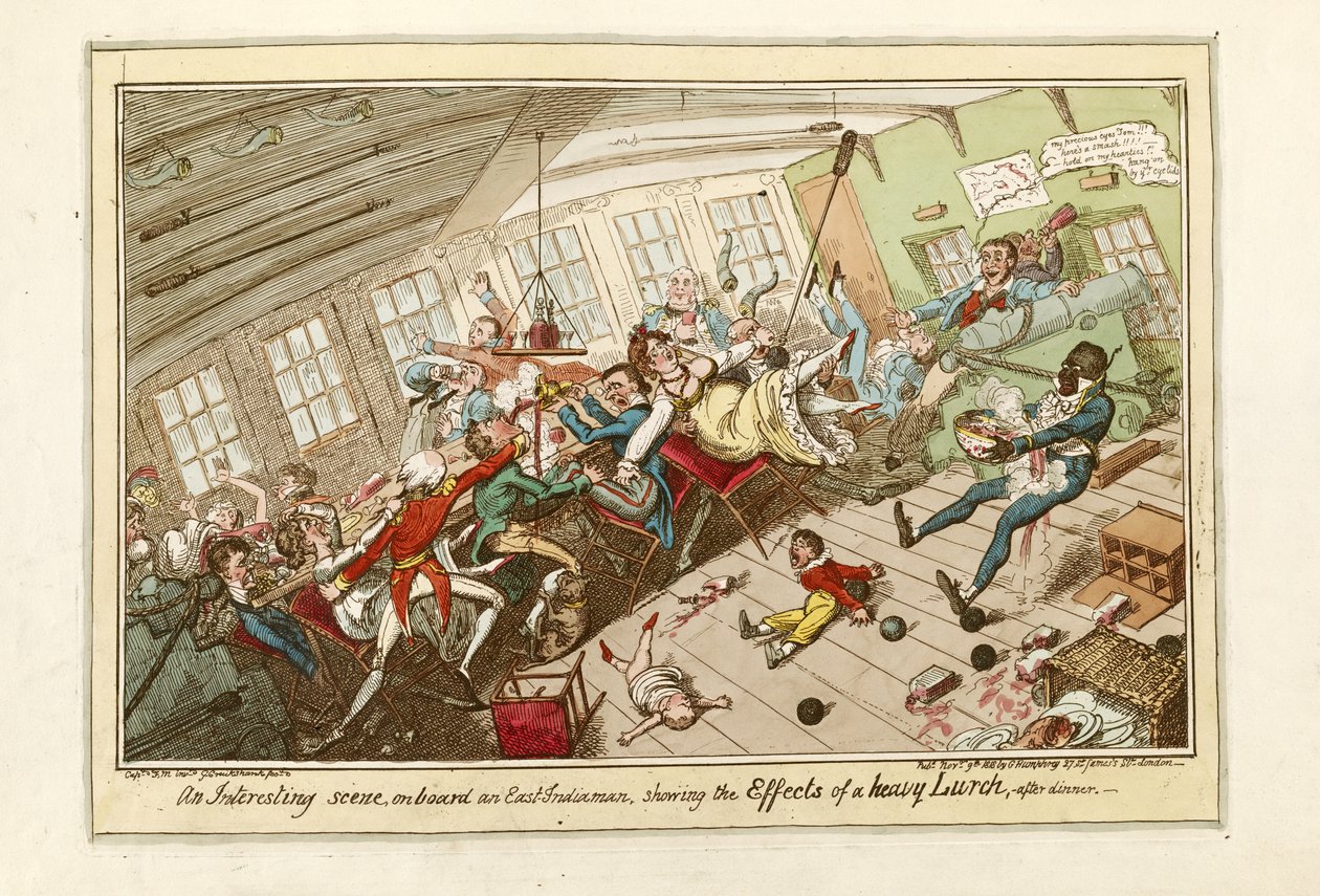 Ciekawa scena na pokładzie statku East-Indiaman, pokazująca skutki silnego sztormu, wyd. 1818 (kolorowana akwaforta) autorstwa George Cruikshank