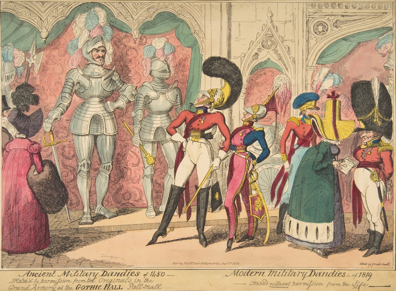 Starożytni wojskowi dandysowie z 1450 r. - Współcześni wojskowi dandysowie z 1819 r., 1 sierpnia 1835 r., 1 sierpnia 1835 r. autorstwa George Cruikshank