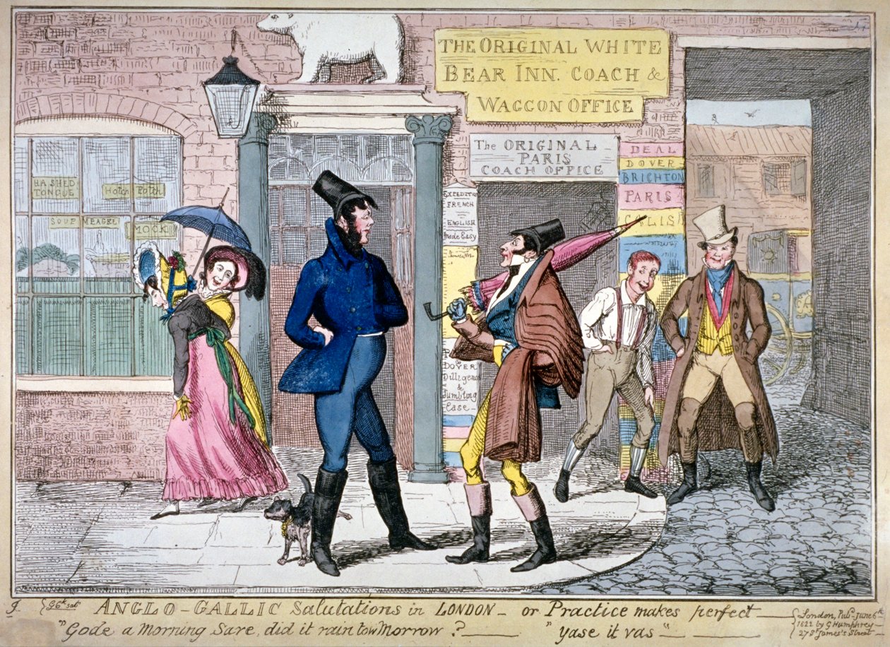 „Pozdrowienia anglo-galijskie w Londynie, czyli praktyka czyni mistrza”, 1822. autorstwa George Cruikshank