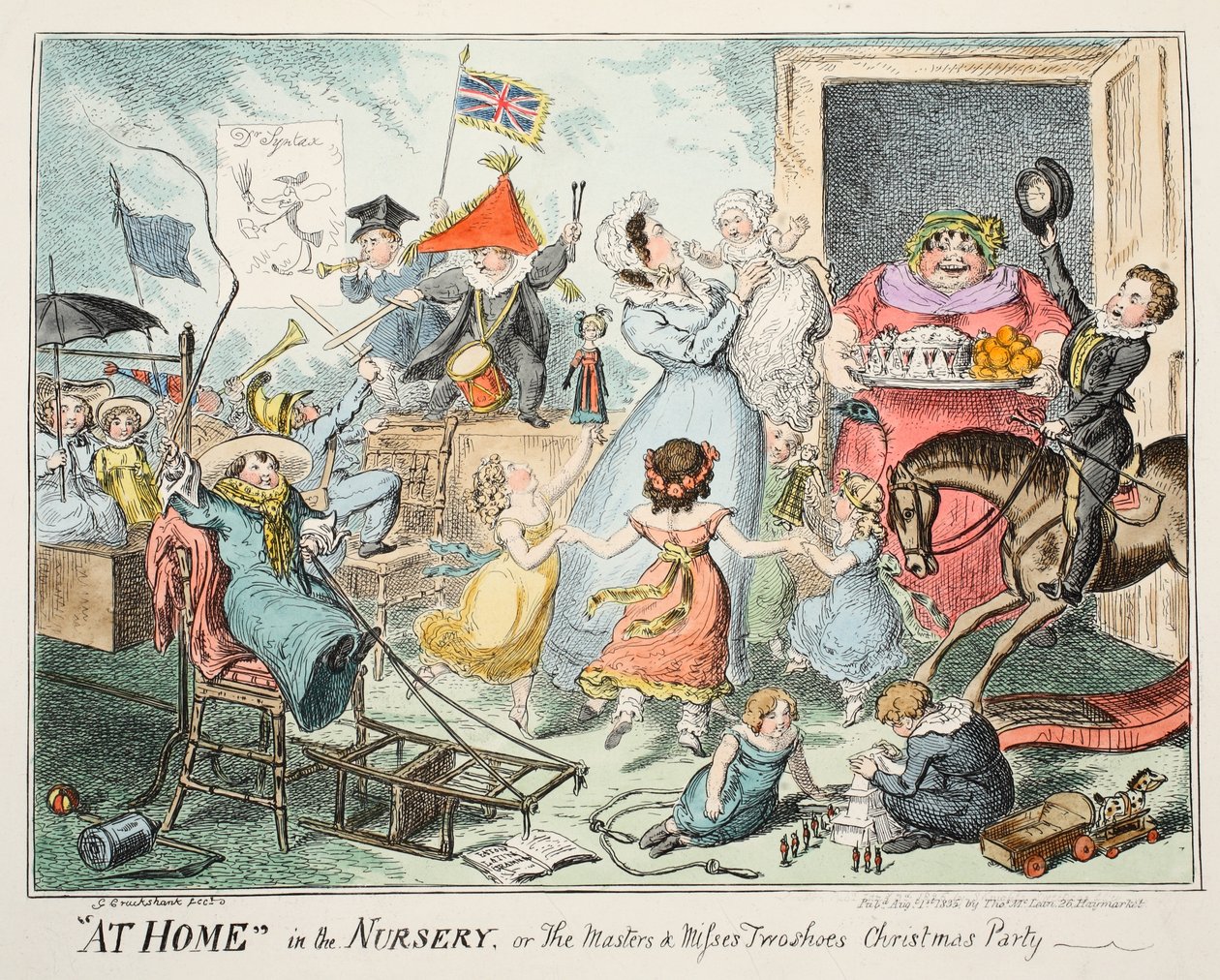 W domu w żłobku, czyli „Mistrzowie i panny z dwiema butami”, 1835 (ręcznie kolorowana grawerunek) autorstwa George Cruikshank