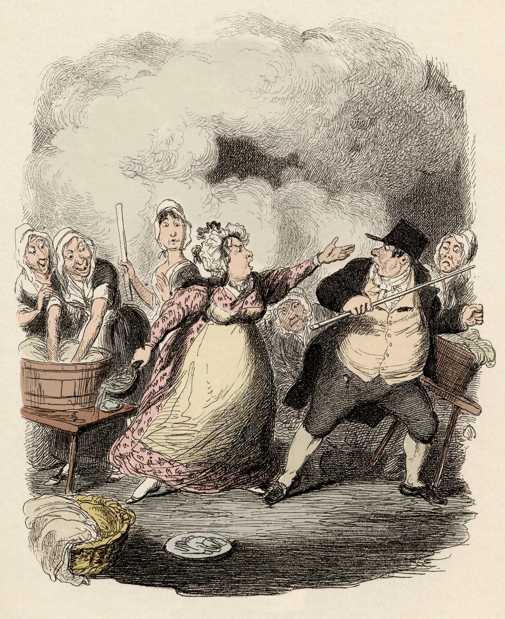 W hospicjum Monsieur Bumble jest poważnie odrzucany przez swoją żonę, Madame Corney - Mr Bumble zdegradowany w oczach nędzarzy - Ilustracja do „Oliver Twist” (Olivier) (Przygody Olivera Twista) autorstwa Charlesa Dickensa (1812-1870) , George Cruikshan autorstwa George Cruikshank