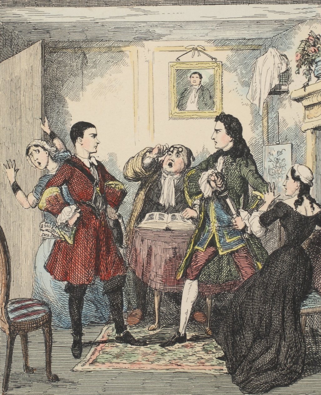 Audacity of Jack Sheppard, ilustracja z książki Jack Sheppard: A Romance autorstwa Williama Harrisona Ainswortha, opublikowana w 1839 r. (akwaforta ręcznie kolorowana) autorstwa George Cruikshank