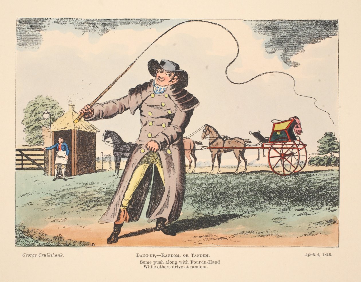 Bang-Up, Random lub Tandem, niektórzy pchają się z czterema w ręku, podczas gdy inni jadą losowo, 1810 (rycina ręcznie kolorowana) autorstwa George Cruikshank
