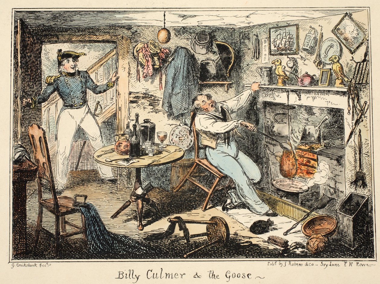 Billy Culmer & the Goose, z Greenwich Hospital, seria szkiców marynarki wojennej, opisująca życie człowieka wojennego, wyd. 1826 (grawerowanie ręcznie kolorowane) autorstwa George Cruikshank
