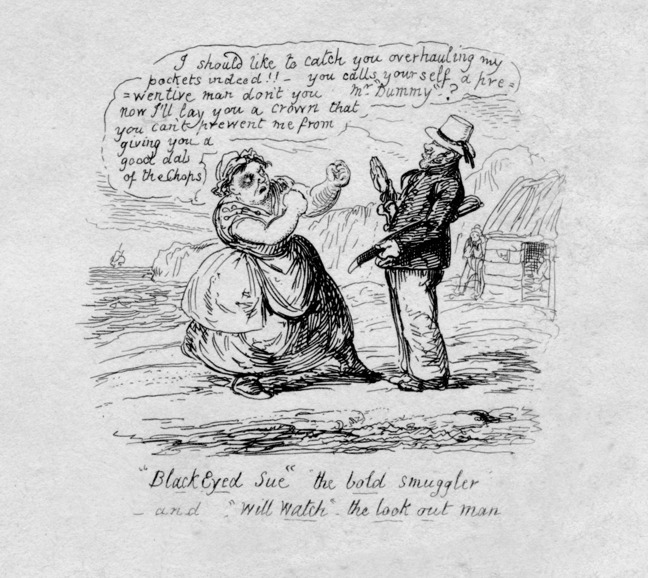 Czarnooka Sue, odważny przemytnik i Will Watch, mężczyzna, 1829 autorstwa George Cruikshank