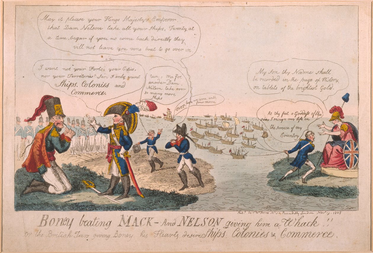 Boney Beating Mack - I Nelson daje mu cios!, 1805 (kolorowa akwaforta) autorstwa George Cruikshank
