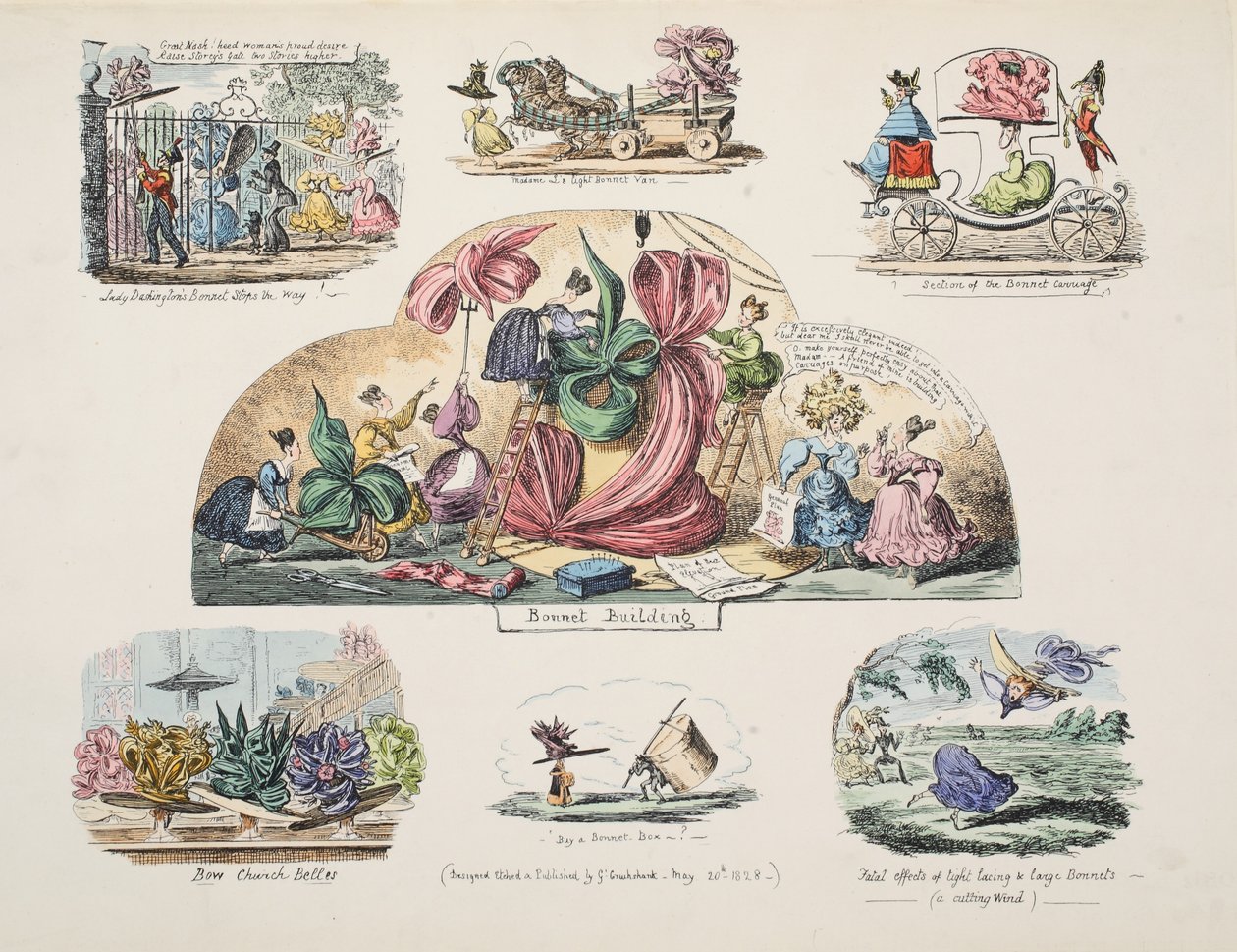 Budynek maski, wyd. 1828 (ręcznie kolorowane grawerowanie) autorstwa George Cruikshank