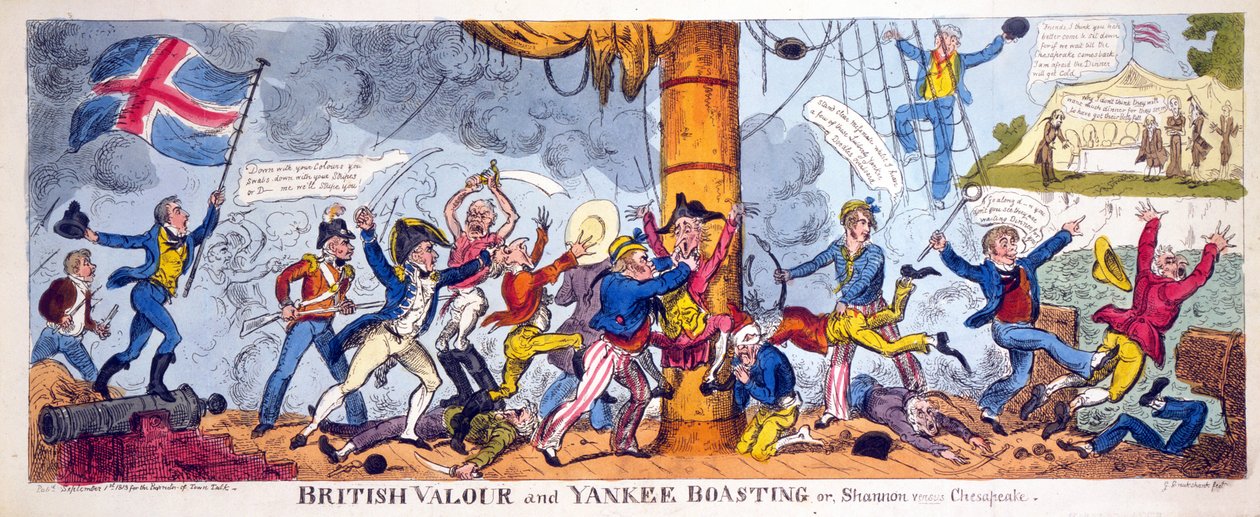 British Valour and Yankee Boasting or, Shannon versus Chesapeake, pub. 1813 (rycina ręcznie kolorowana) autorstwa George Cruikshank