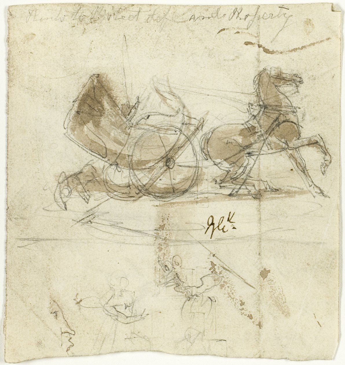 Karykatura samego siebie (recto); Kabina rzucona przez konia, z innymi szkicami (verso) autorstwa George Cruikshank