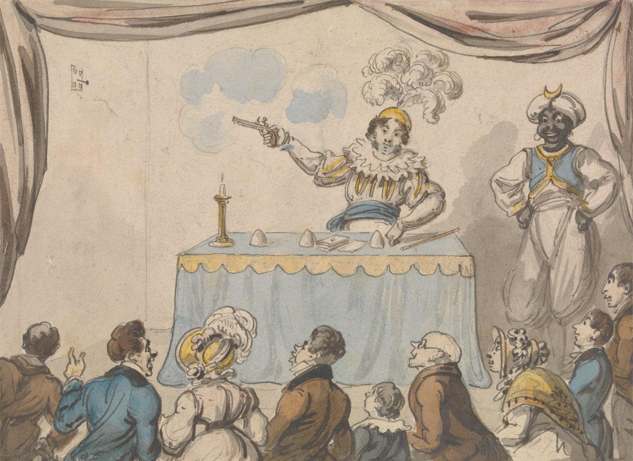 Zaklinacz z pistoletem i kartami autorstwa George Cruikshank