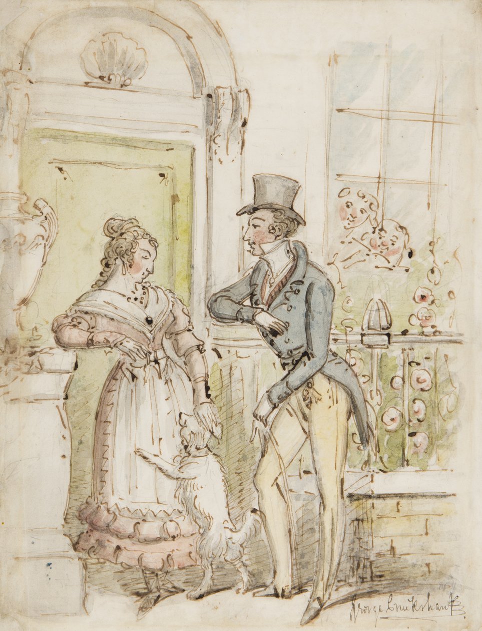 Zaloty, ok. 1835 (pióro, pędzel, atrament i toaleta na papierze) autorstwa George Cruikshank