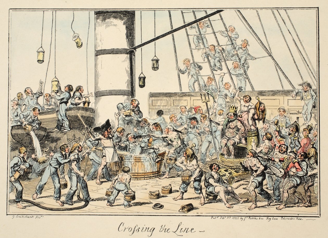 Crossing the Line, ze szpitala Greenwich, seria szkiców marynarki wojennej, opisująca życie człowieka wojennego, wyd. 1825 (ręcznie kolorowane grawerowanie) autorstwa George Cruikshank