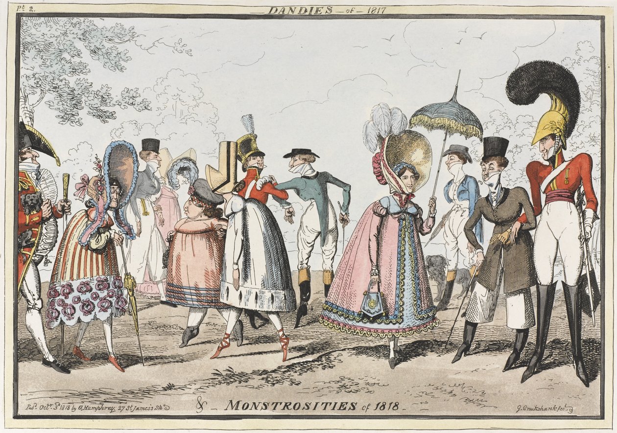 „Dandies of 1817 & Monsters of 1818”, 1818 (kolorowa akwaforta) autorstwa George Cruikshank