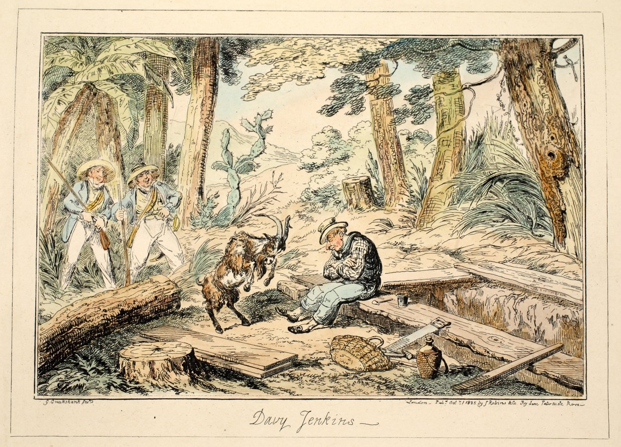 Davy Jenkins, ze szpitala w Greenwich, seria szkiców marynarskich, opisujących życie człowieka wojny, pub. 1826 (rycina ręcznie kolorowana) autorstwa George Cruikshank