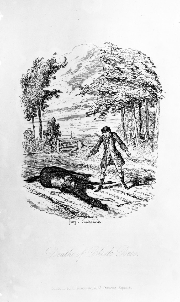 Śmierć Czarnej Bess, ilustracja z „Rookwood” Williama Harrisona Ainswortha, opublikowana w 1836 r. autorstwa George Cruikshank