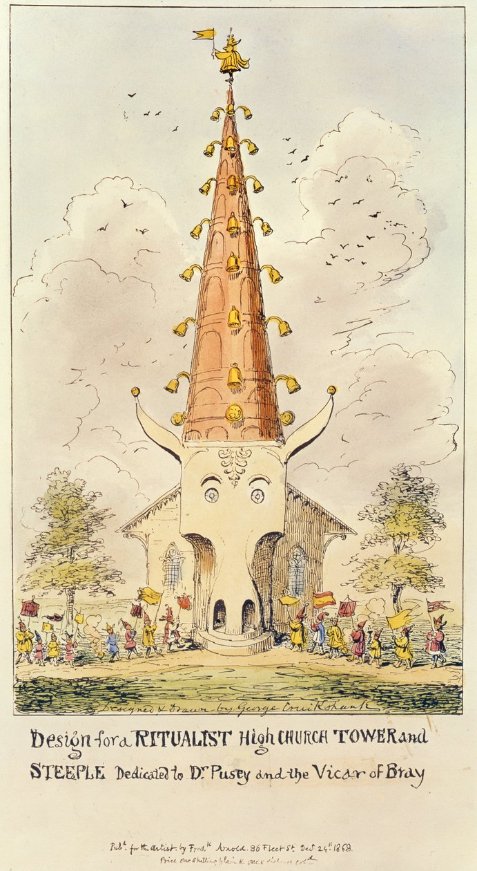 Projekt wieży i wieży kościoła rytualnego, poświęcony dr Puseyowi i wikariuszowi Bray, 1868 (druk) autorstwa George Cruikshank