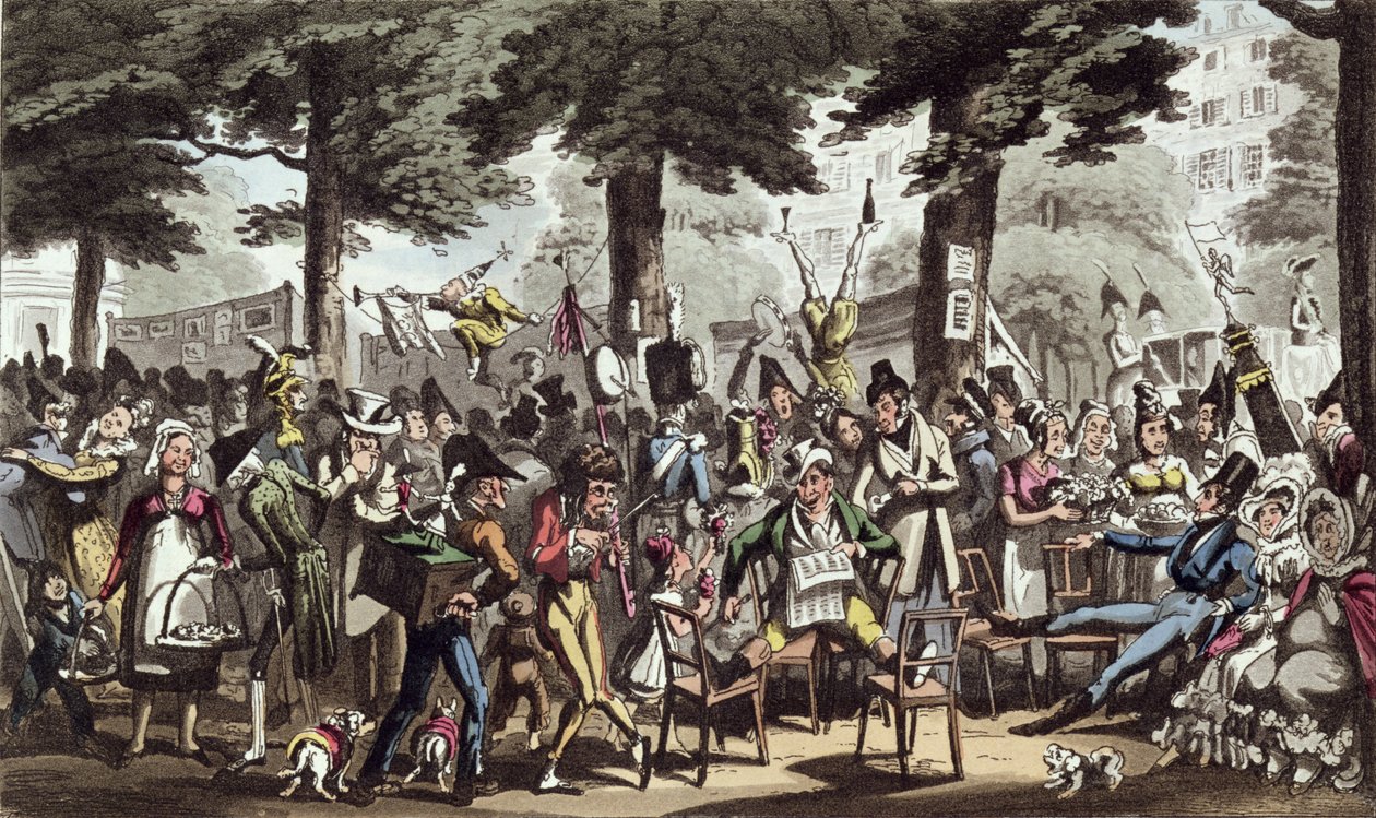 Dick Jenkins, Kapitan, Lady Halibut i Lydia w salonie na włoskim bulwarze, z książki „Życie w Paryżu” Davida Careya, opublikowanej w 1822 r. autorstwa George Cruikshank