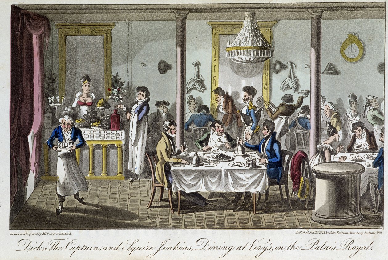 Kolacja w Very, w Palais Royal - w „Życiu w Paryżu” Davida Careya, Londyn autorstwa George Cruikshank