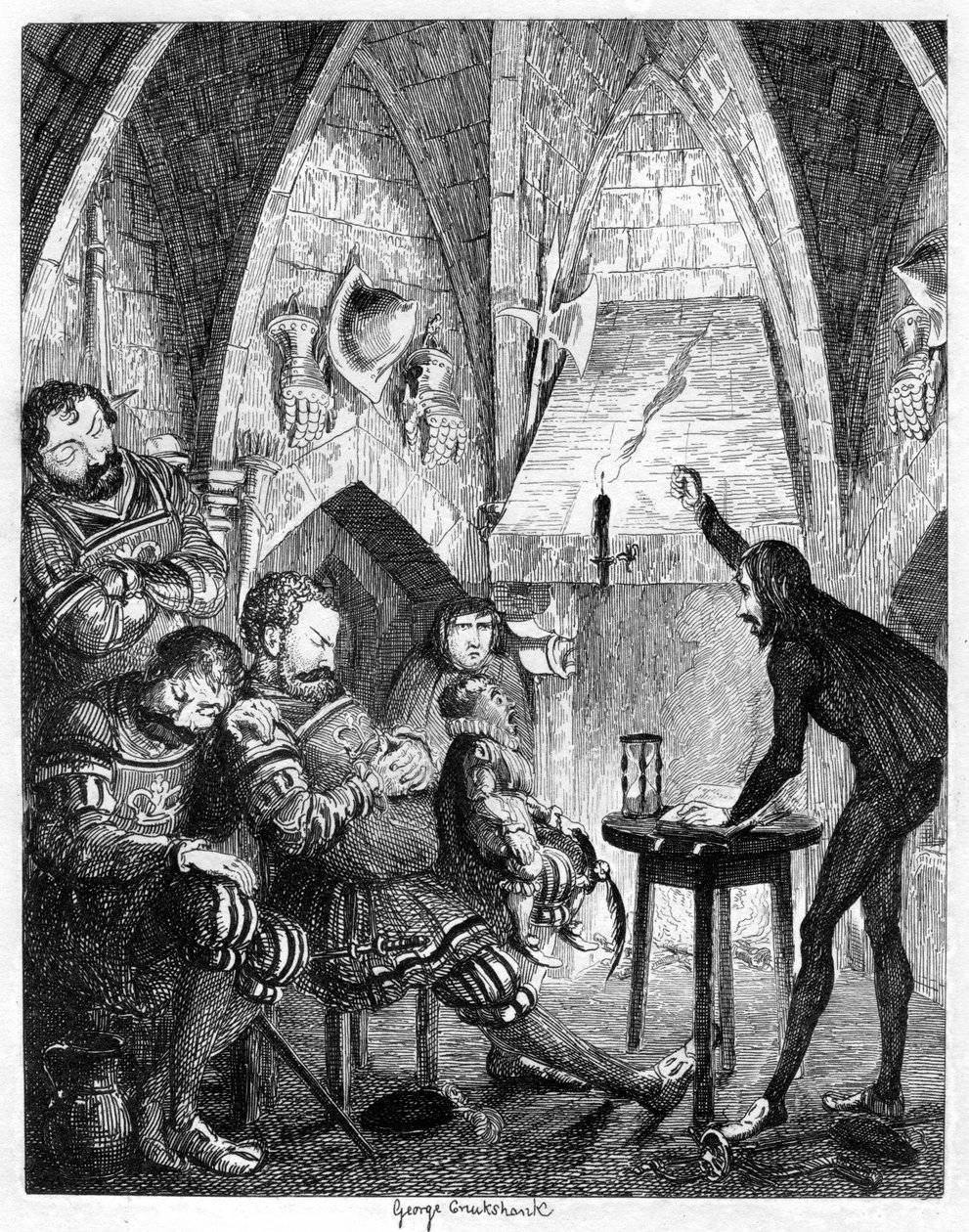 Edward Underhill, gorący ewangelista głoszący olbrzymom w bocznej wieży lub wieży bramnej, 1840 autorstwa George Cruikshank
