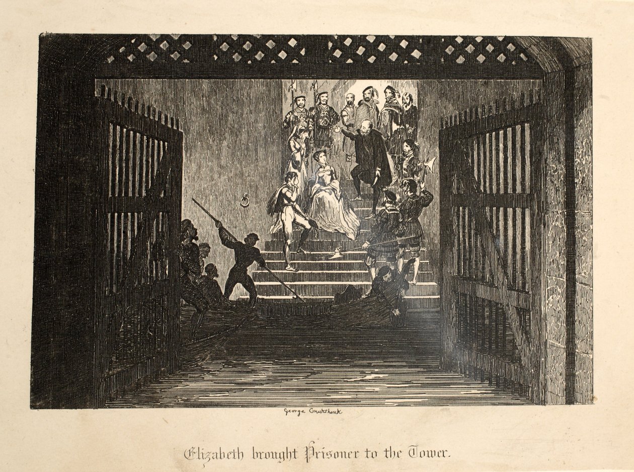 Elizabeth sprowadziła więźnia do Tower, z The Tower of London, wyd. 1840 autorstwa George Cruikshank
