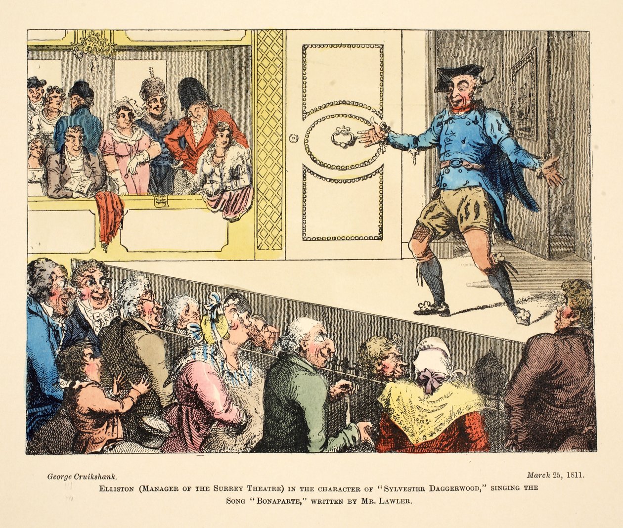 Elliston (dyrektor Surrey Theatre) w roli "Sylvestra Daggerwooda" śpiewającego piosenkę "Bonaparte", napisaną przez pana Lawlera, pub. 1811 (rycina ręcznie kolorowana) autorstwa George Cruikshank