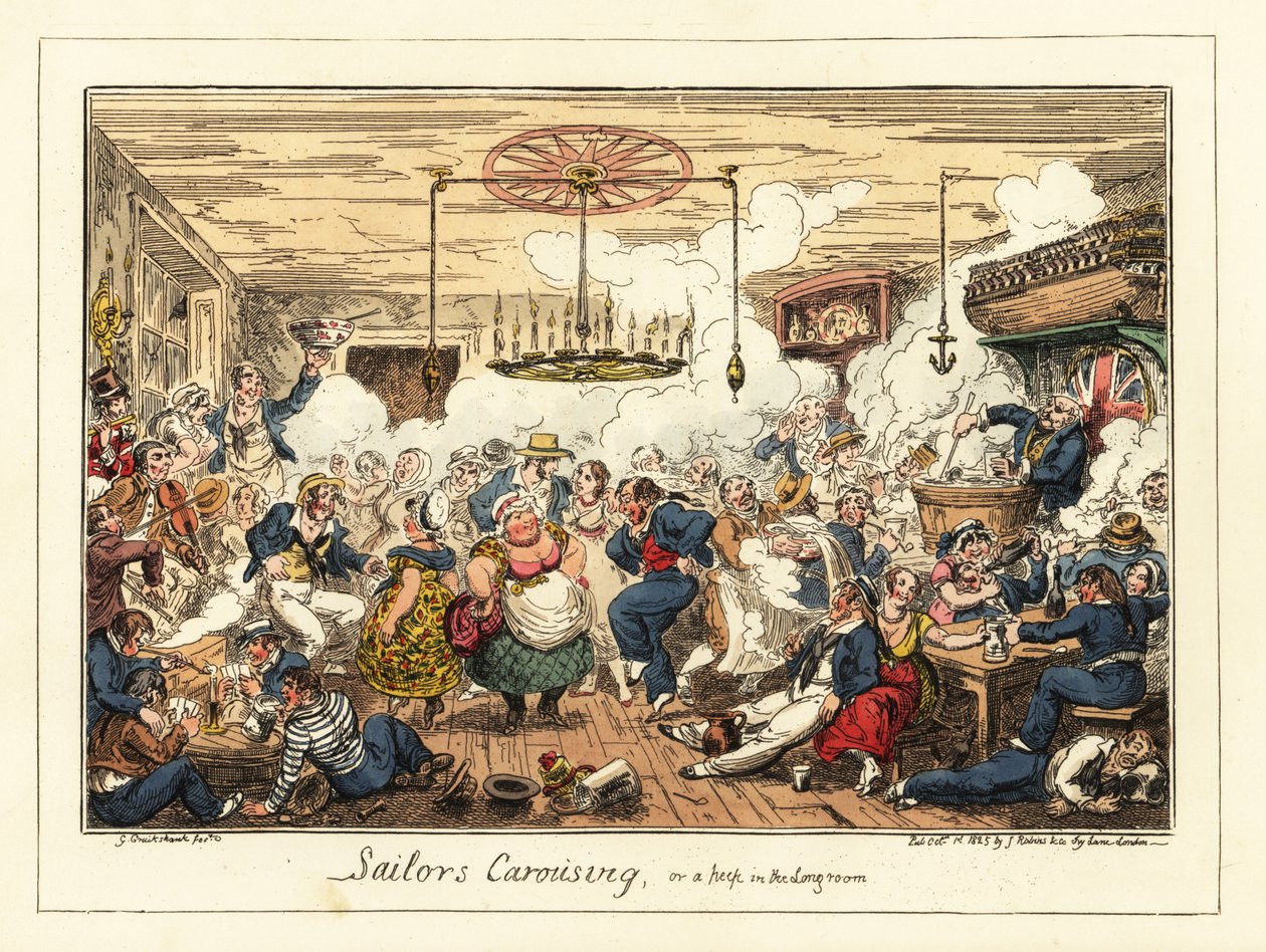 Angielscy marynarze pijący i tańczący w pubie, epoka napoleońska, 1829 (litografia) autorstwa George Cruikshank