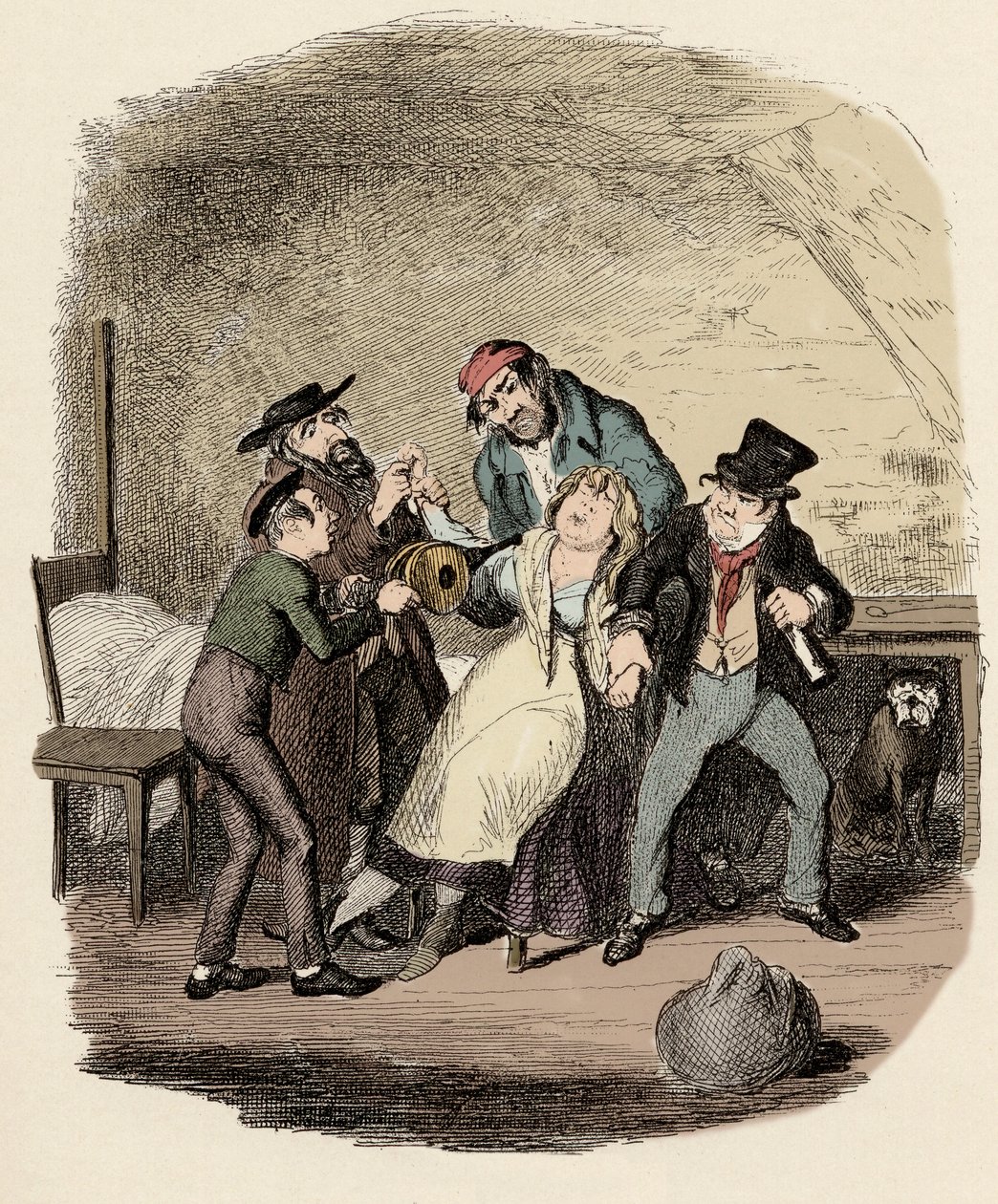 Fagin, Charley Bates, Kikes i Dawkins reanimant Nancy - Pan Fagin i jego uczeń ożywiający Nancy - Ilustracja do „” Oliver Twist”” (Oliver) (Przygody Olivera Twista) autorstwa Charlesa Dickensa (1812-1870), autorstwa George