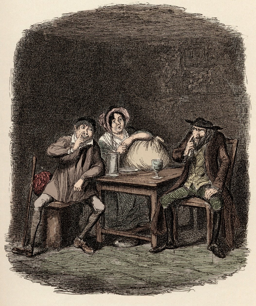 Fagin robi interesy z Morrisem Bolterem, znanym również jako Noe Claypole, i Charlotte – Żyd i Morris Bolter zaczynają się rozumieć – Ilustracja do „”Oliviera Twista””(Olivier) (Przygody Olivera Twista) autorstwa Charlesa Dickensa (1812-1870) ), autorstwa  autorstwa George Cruikshank