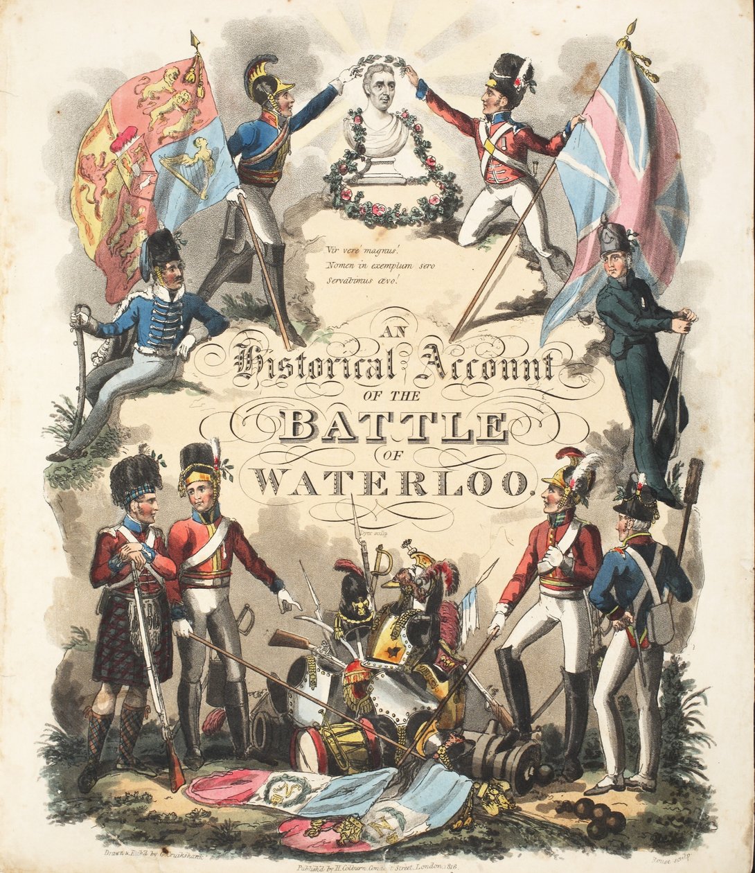 Frontispiece, „Rachunek historyczny z bitwy pod Waterloo” Williama Mudforda, ryt. Rouse, wyd. H. Colburna, 1816 r. autorstwa George Cruikshank