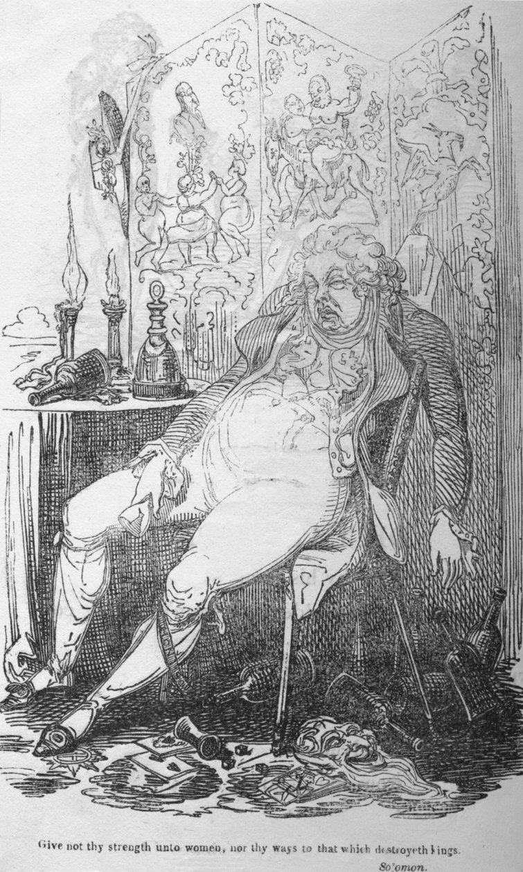 Nie dawaj swojej siły kobietom, ani swoich dróg temu, co ginie królom, r. 1820. autorstwa George Cruikshank