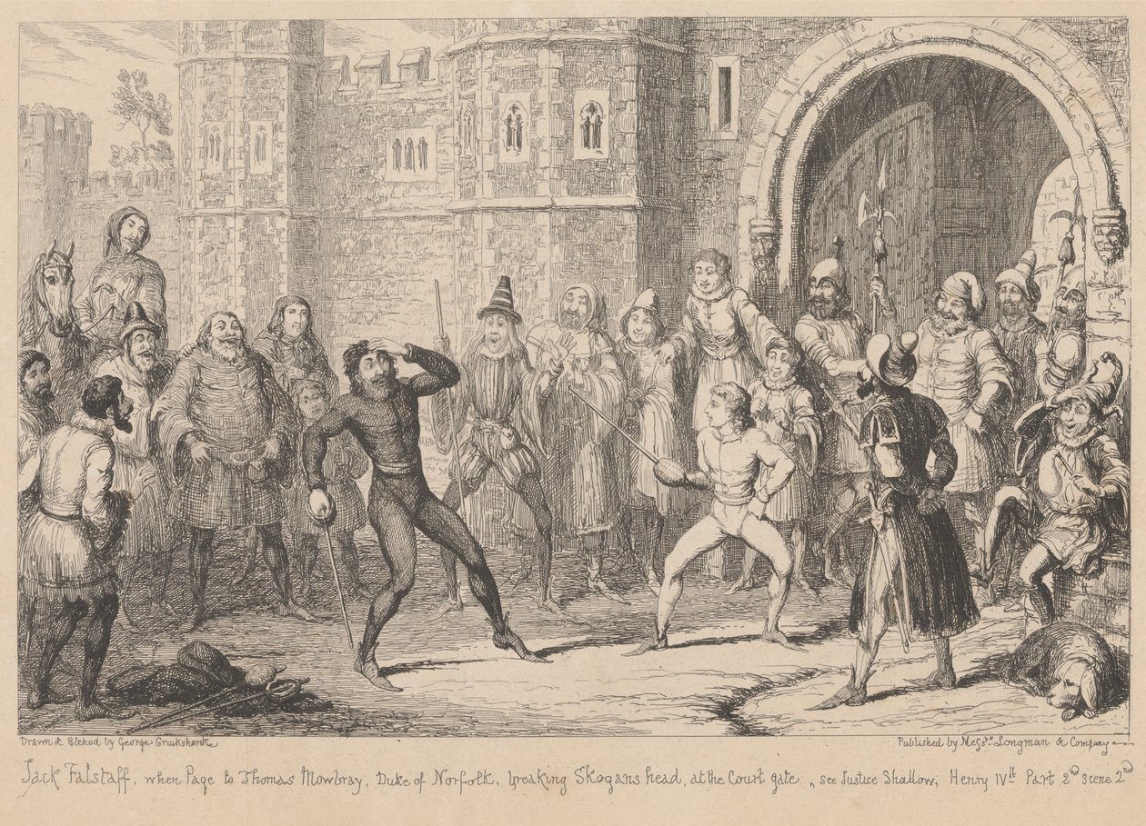 Gloucestershire. Przed domem Shallow: „Henryk IV część II”, akt III, scena II autorstwa George Cruikshank