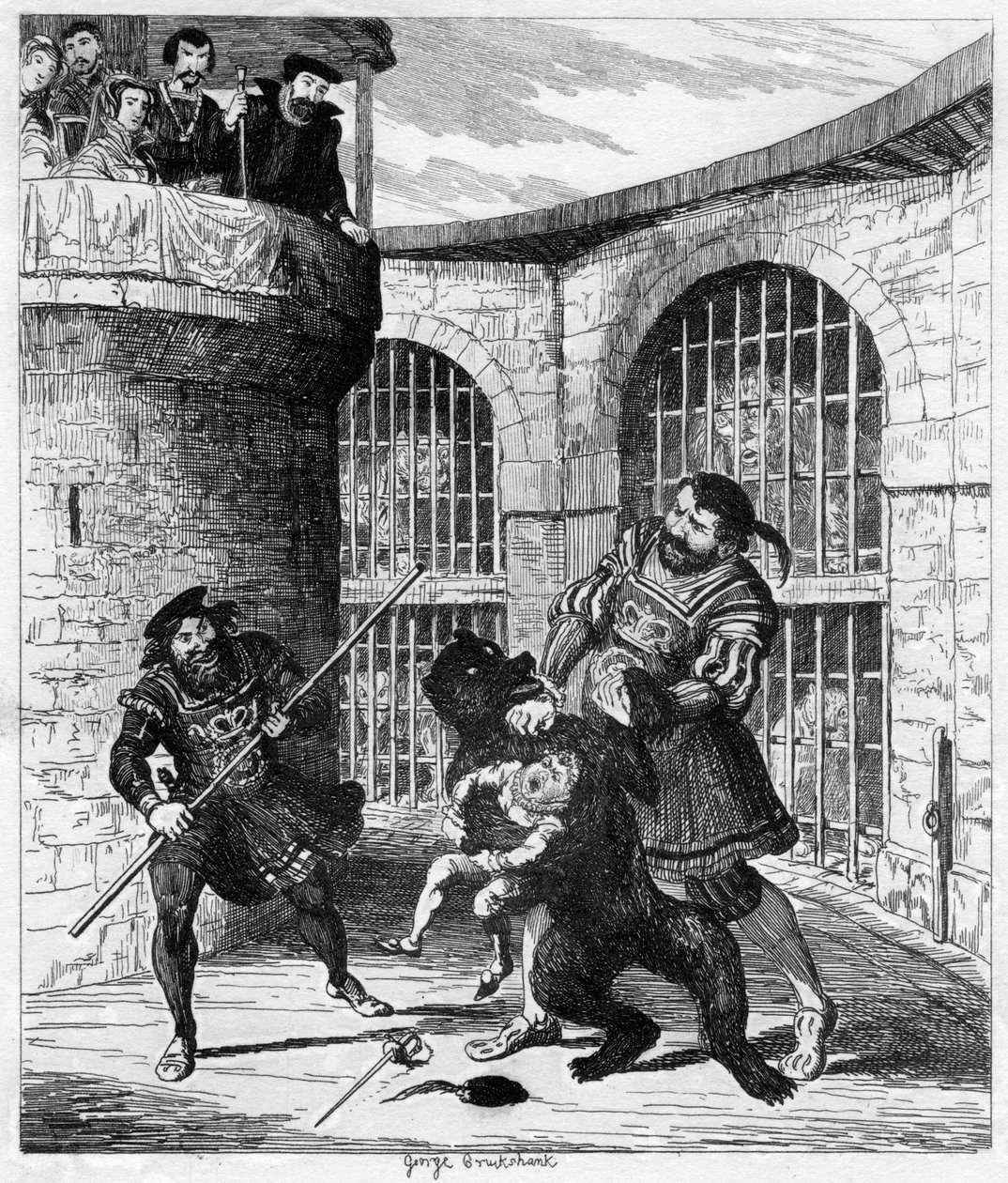 Gog wydobywający Xit z niedźwiedzia w Lwiej Wieży, 1840 autorstwa George Cruikshank
