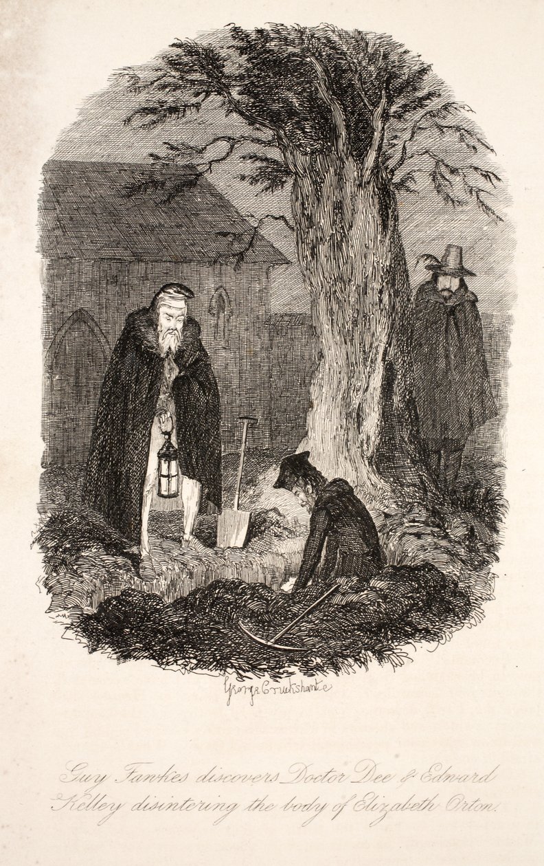 Guy Fawkes odkrył, że doktor Dee i Edward Kelley ekshumują ciało Elizabeth Orton, ilustracja z Guy Fawkes, or the Gunpowder Treason: an Historical Romance, William Harrison Ainsworth, pu autorstwa George Cruikshank