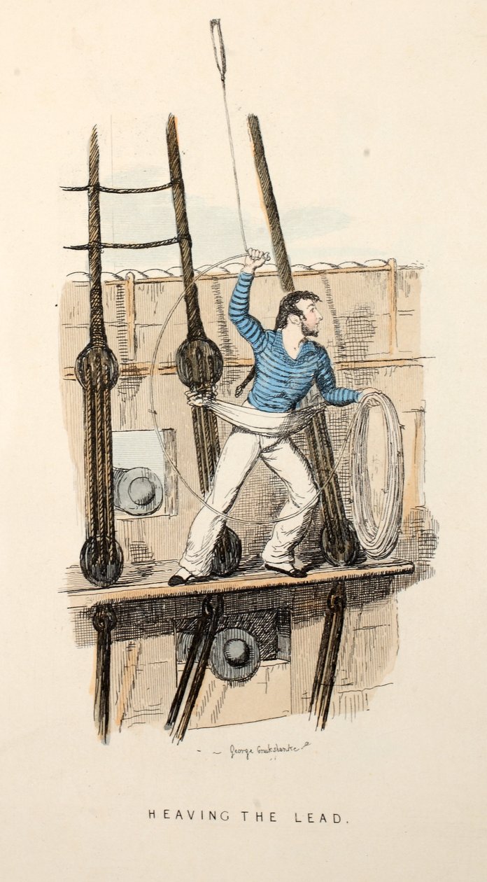 Heaving the Lead, pub, ok.1841 (ręcznie barwiony grawerunek) autorstwa George Cruikshank