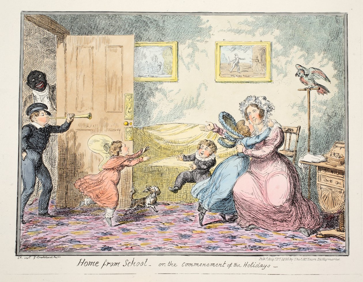 Dom ze szkoły lub rozpoczęcie świąt pub. 1835 (grawerowanie ręcznie kolorowane) autorstwa George Cruikshank