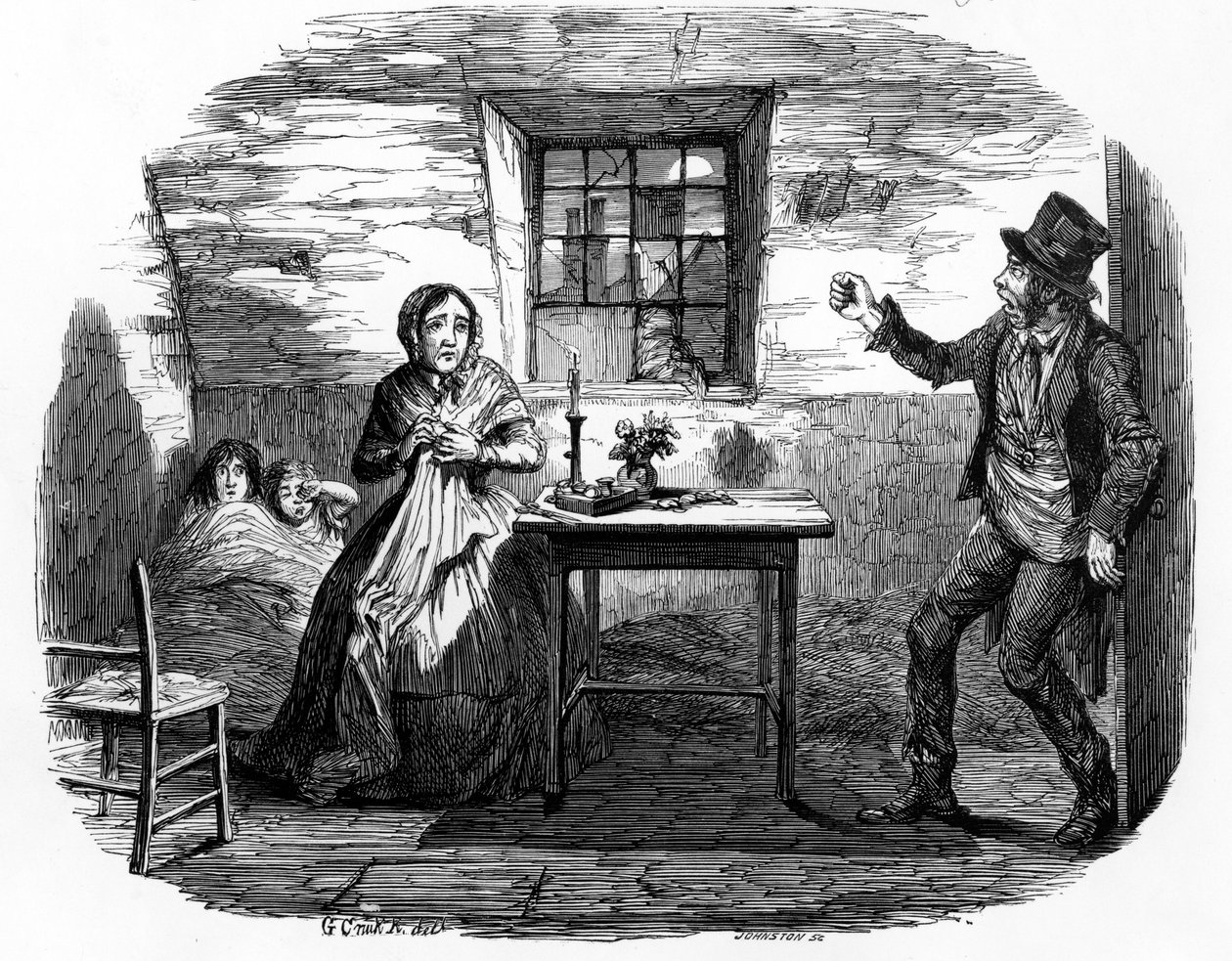 Home in Shadow, ilustracja z „Temperance Placards: Home in Shadow issue 4” Williama Tweedie, wydrukowana przez Johnstona, 1852 autorstwa George Cruikshank