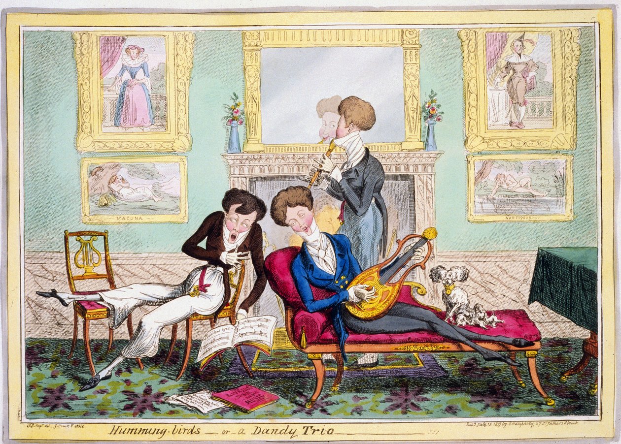 Kolibry, czyli Dandy Trio, pub. 1819 (ręcznie kolorowane grawerowanie) autorstwa George Cruikshank